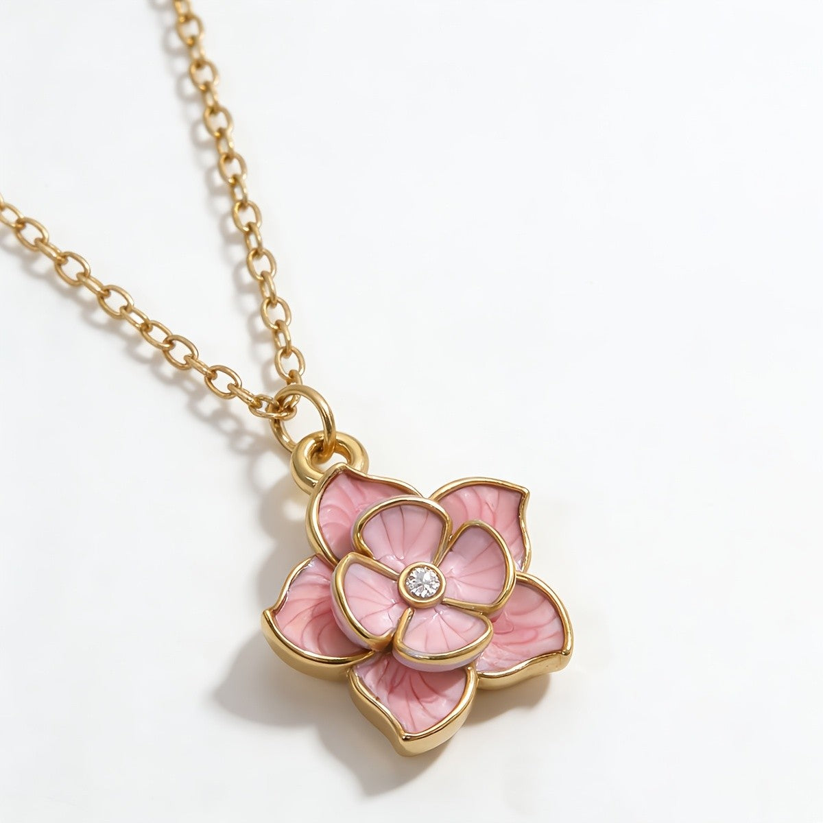 18k Romantic Pink Enamel Flower Necklace