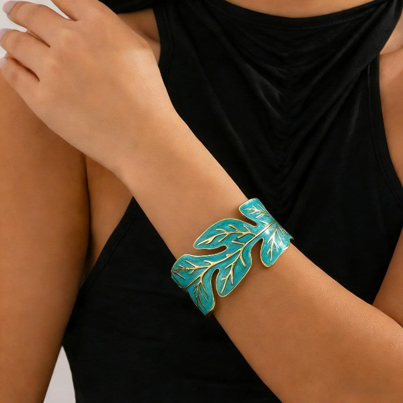 Boho Enamel Leaf Open Cuff Bracelet