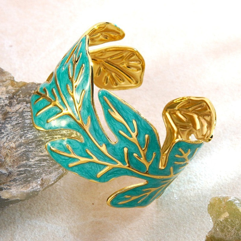 Boho Enamel Leaf Open Cuff Bracelet