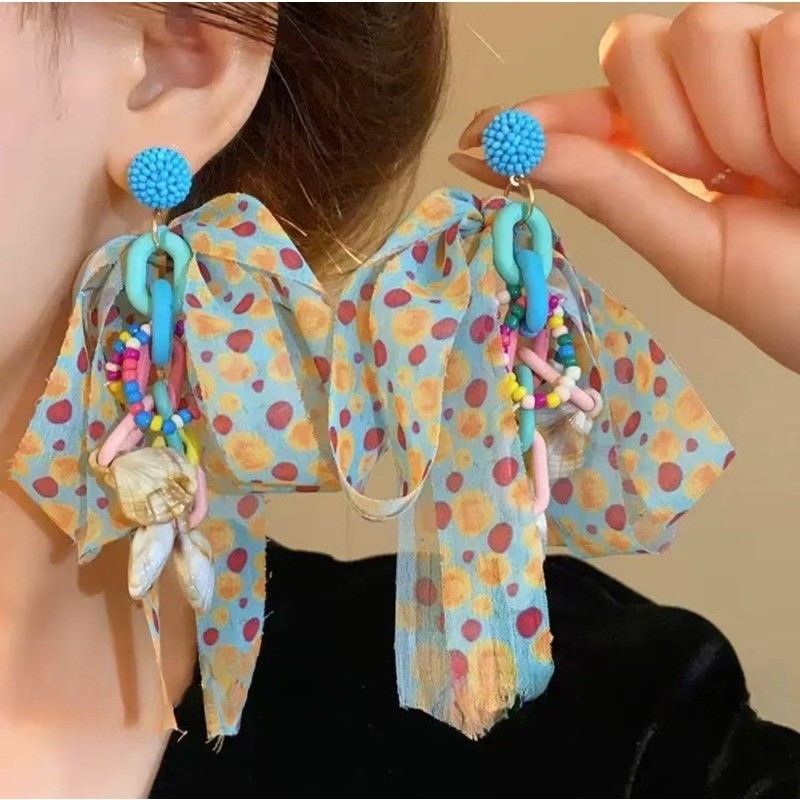 Boho Polka Dot Fabric & Shell Drop Earrings