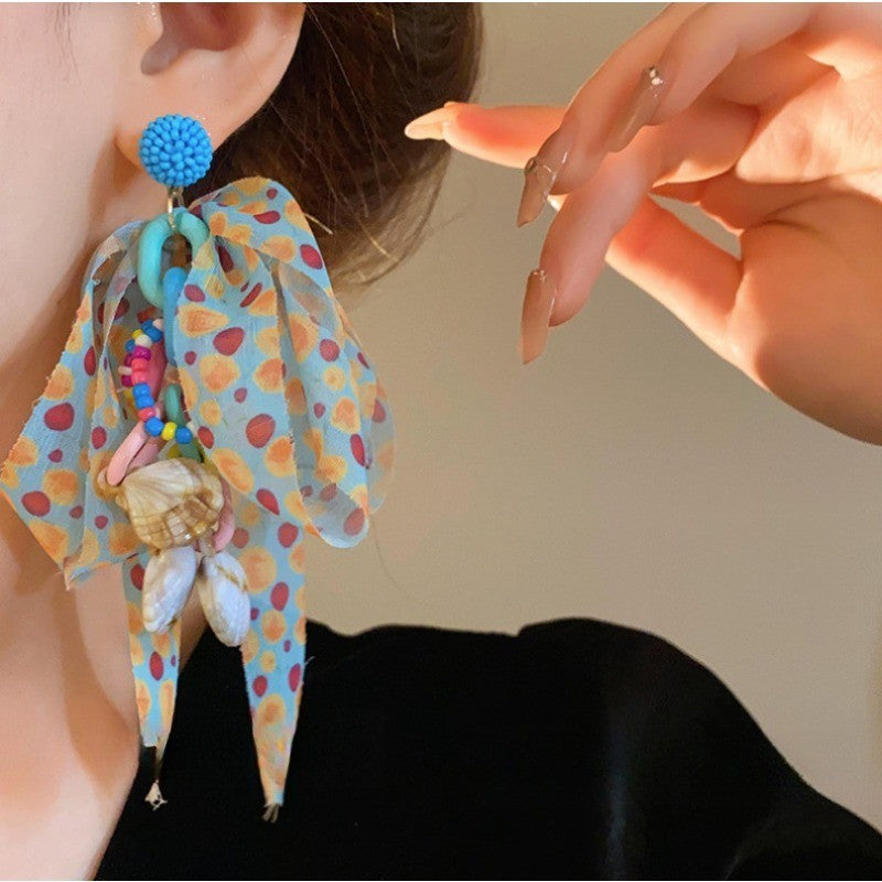 Boho Polka Dot Fabric & Shell Drop Earrings
