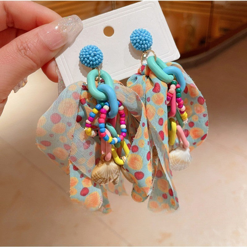 Boho Polka Dot Fabric & Shell Drop Earrings
