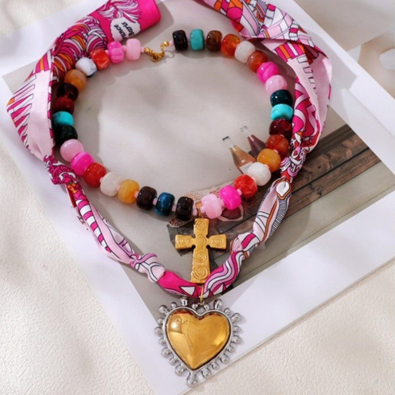 18k Boho Beaded Scarf Cross Necklace