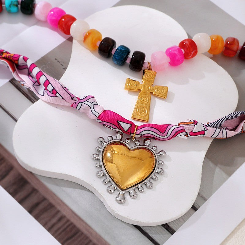 18k Boho Beaded Scarf Cross Necklace