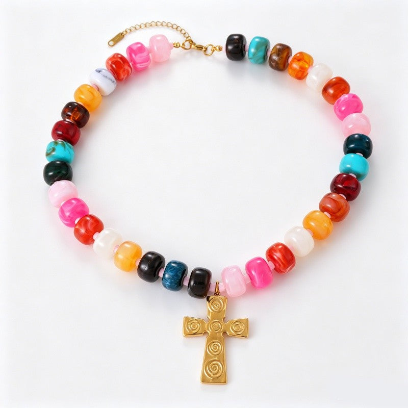 18k Boho Beaded Scarf Cross Necklace