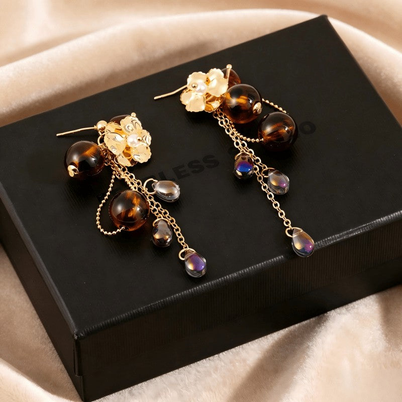 Vintage Amber Floral Tassel Earrings