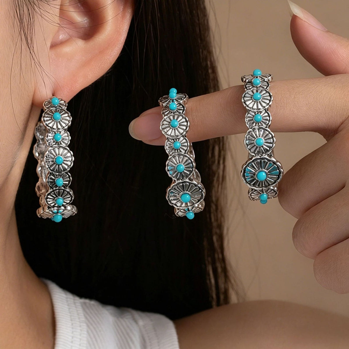 Boho Vintage Turquoise Floral Hoop Earrings