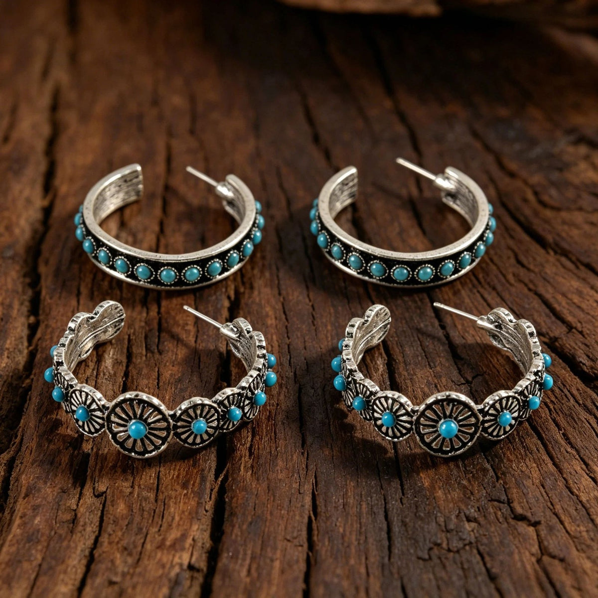 Boho Vintage Turquoise Floral Hoop Earrings
