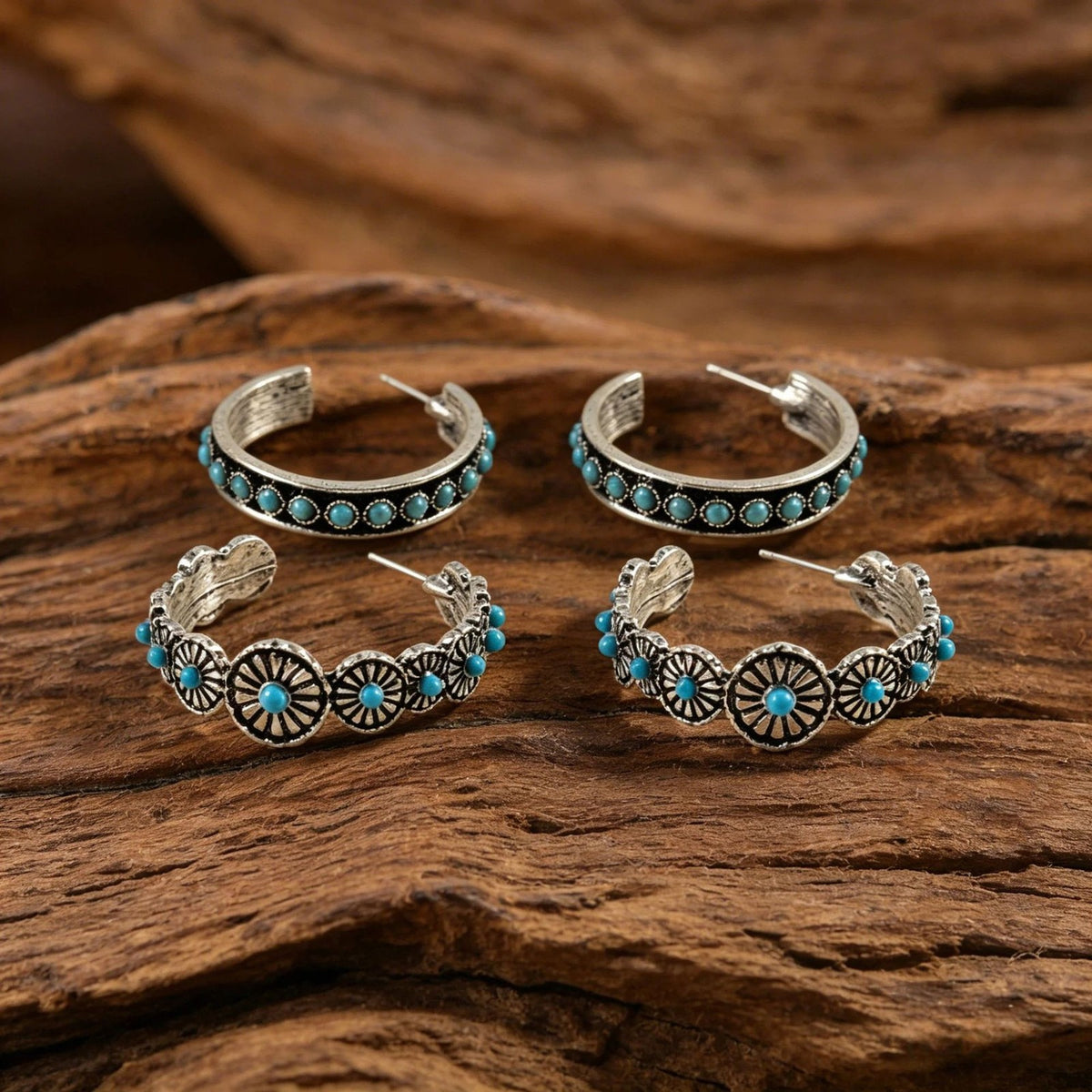 Boho Vintage Turquoise Floral Hoop Earrings