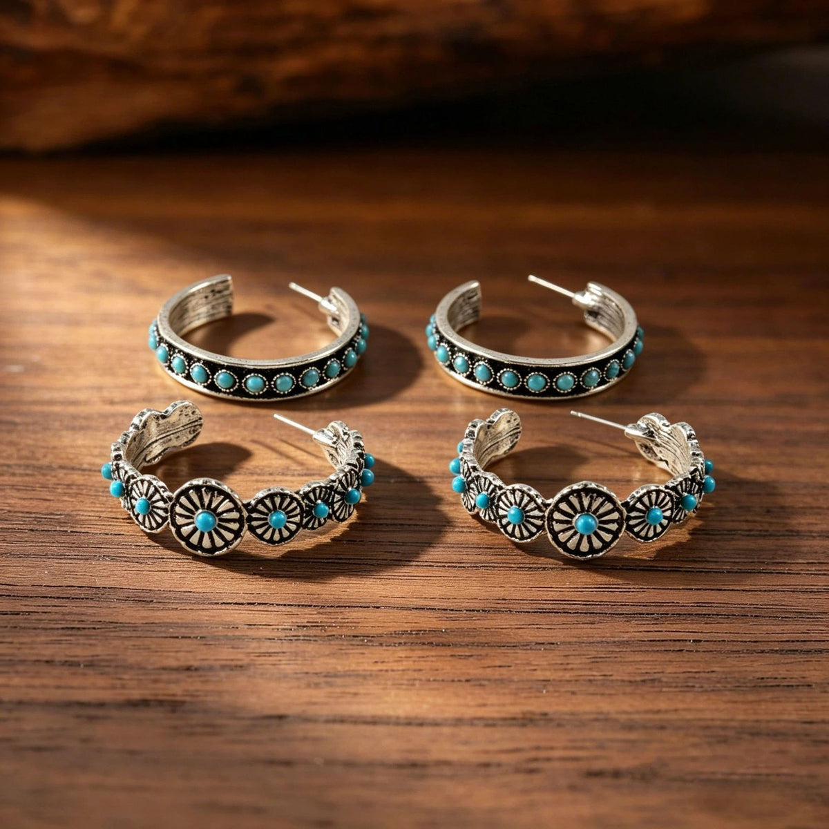 Boho Vintage Turquoise Floral Hoop Earrings