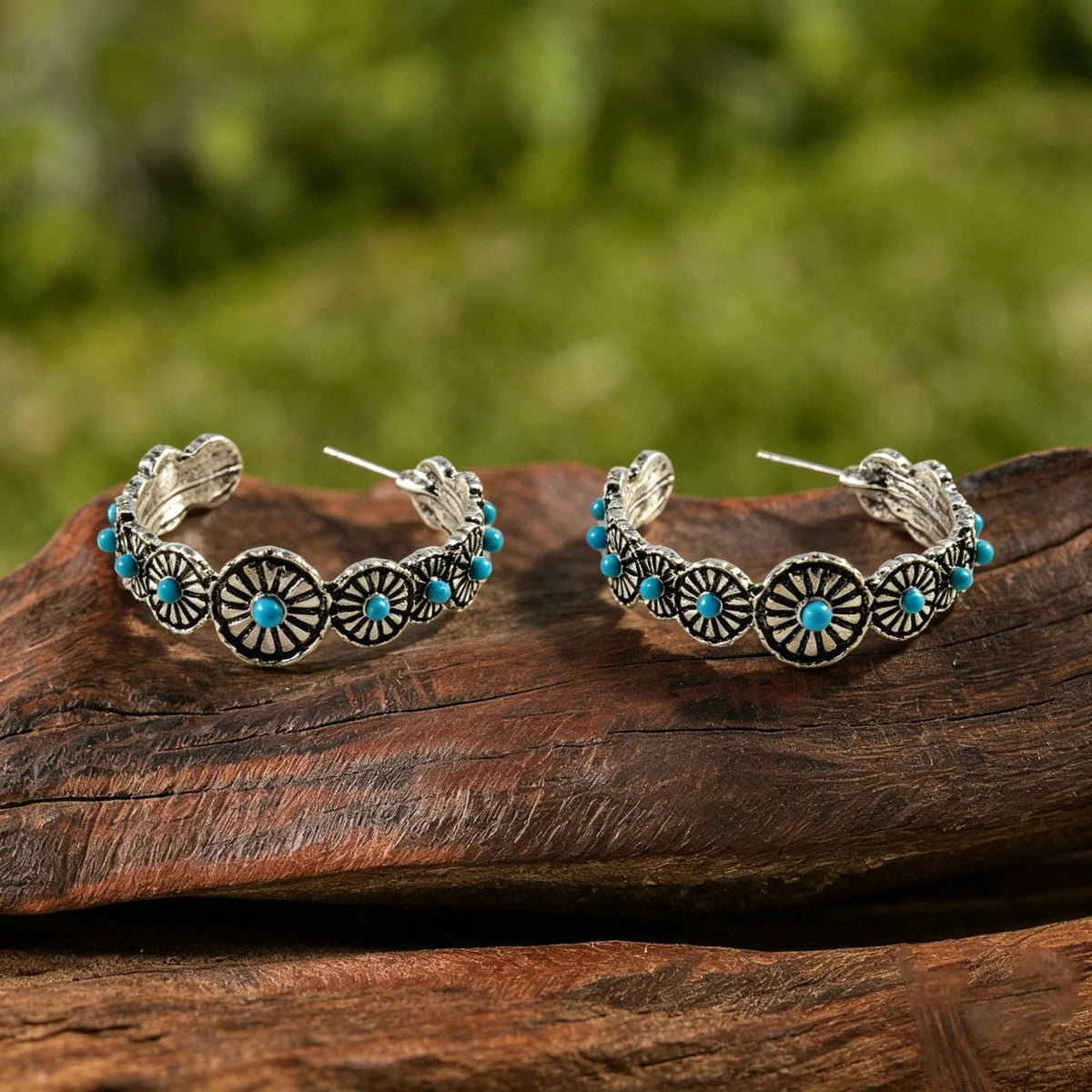 Boho Vintage Turquoise Floral Hoop Earrings