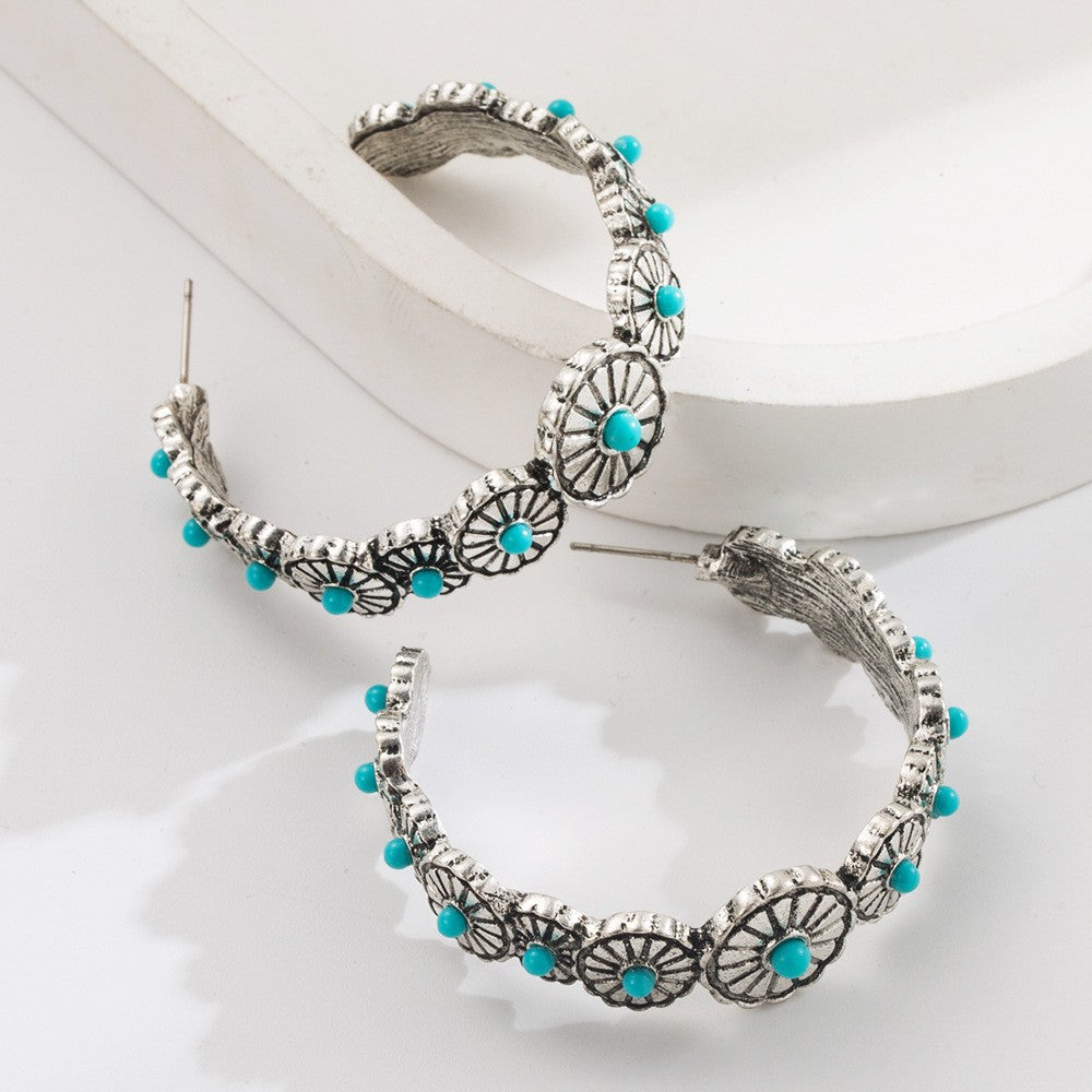 Boho Vintage Turquoise Floral Hoop Earrings