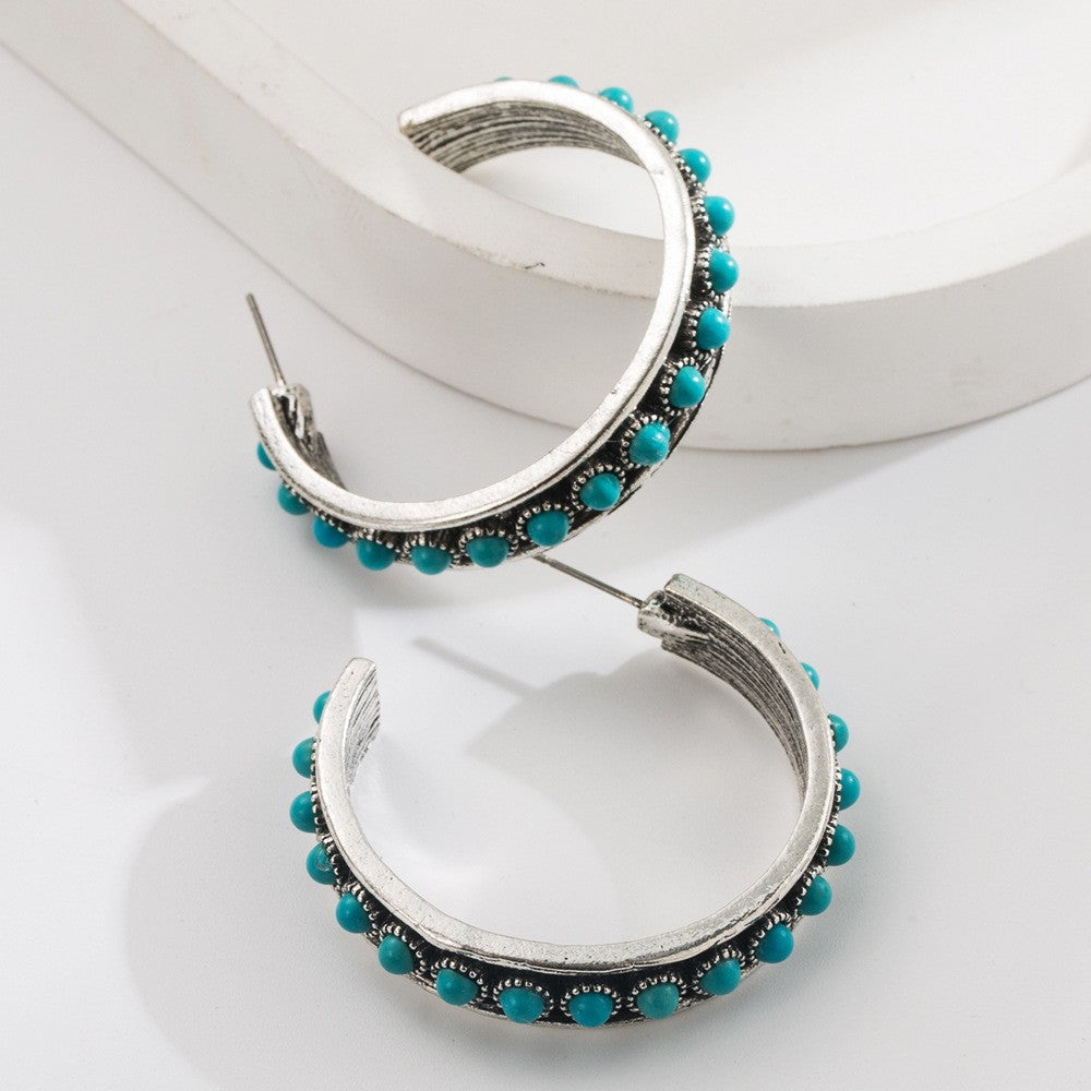 Boho Vintage Turquoise Floral Hoop Earrings