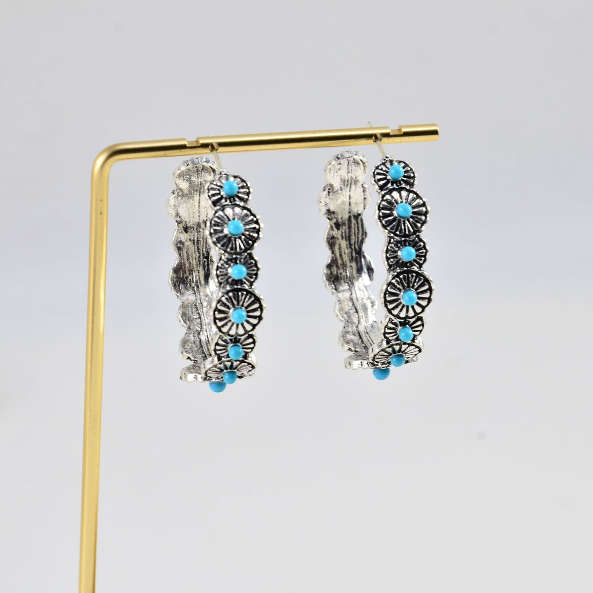 Boho Vintage Turquoise Floral Hoop Earrings