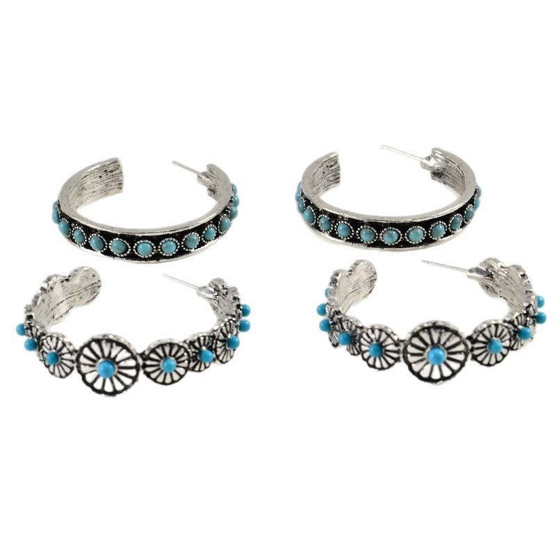Boho Vintage Turquoise Floral Hoop Earrings