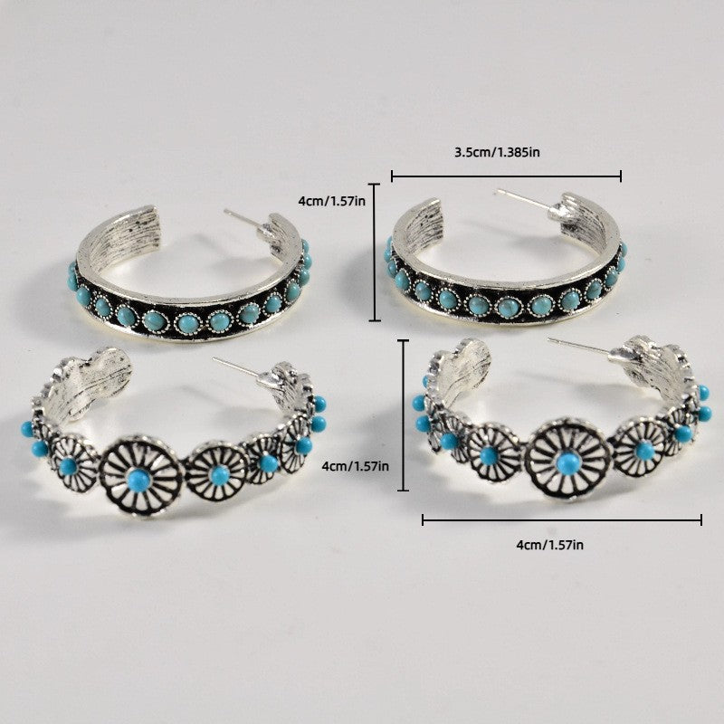 Boho Vintage Turquoise Floral Hoop Earrings