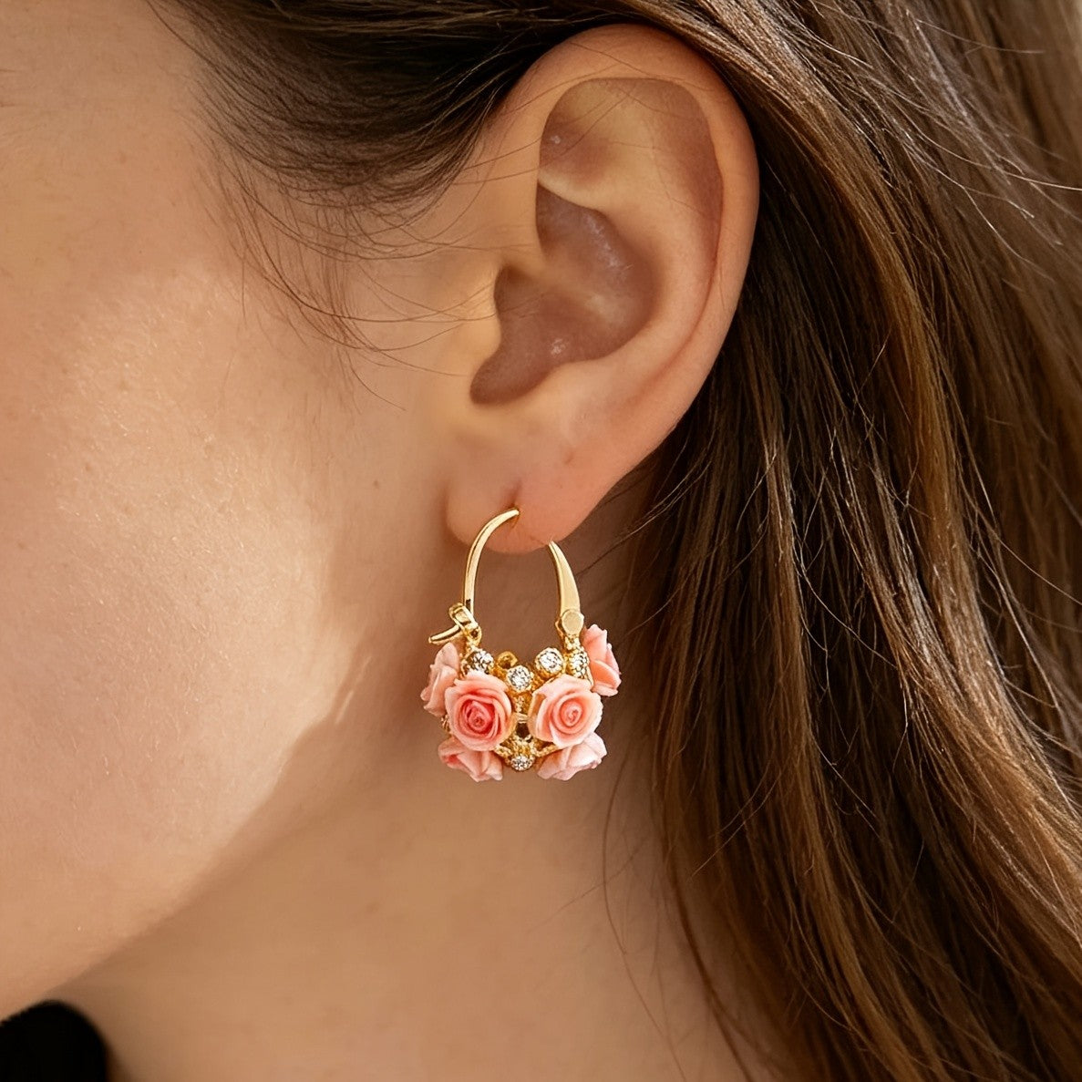 18k Romantic Rose Flower Hoop Earrings
