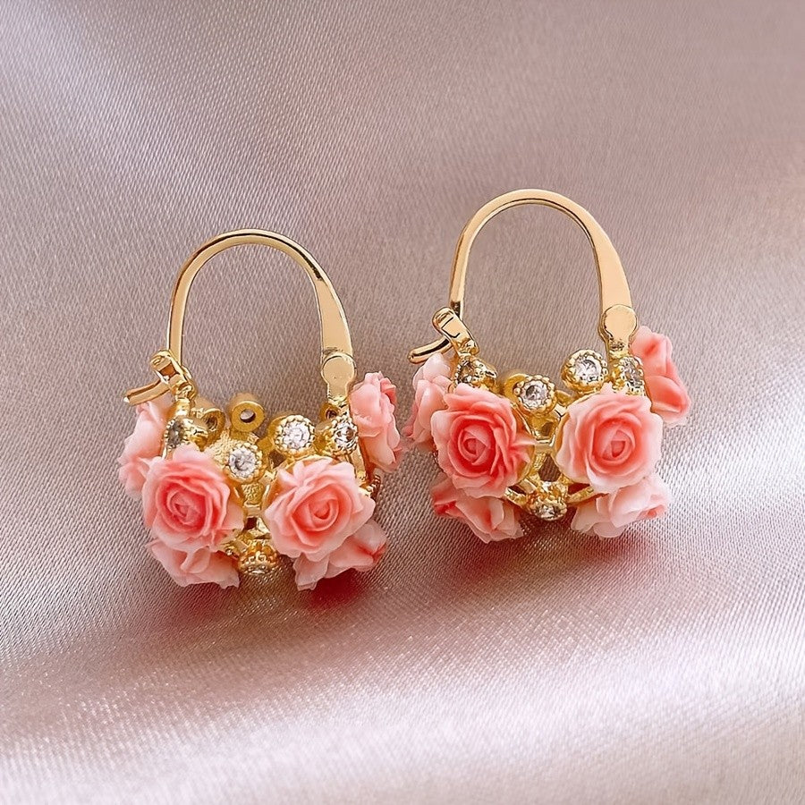 18k Romantic Rose Flower Hoop Earrings