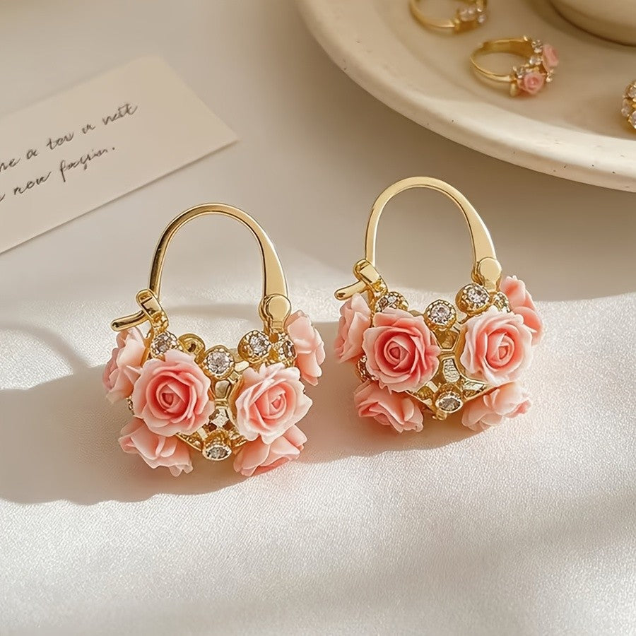 18k Romantic Rose Flower Hoop Earrings