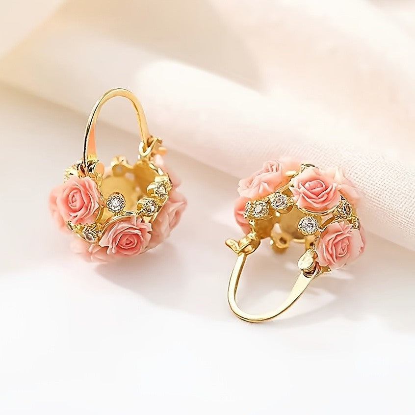 18k Romantic Rose Flower Hoop Earrings