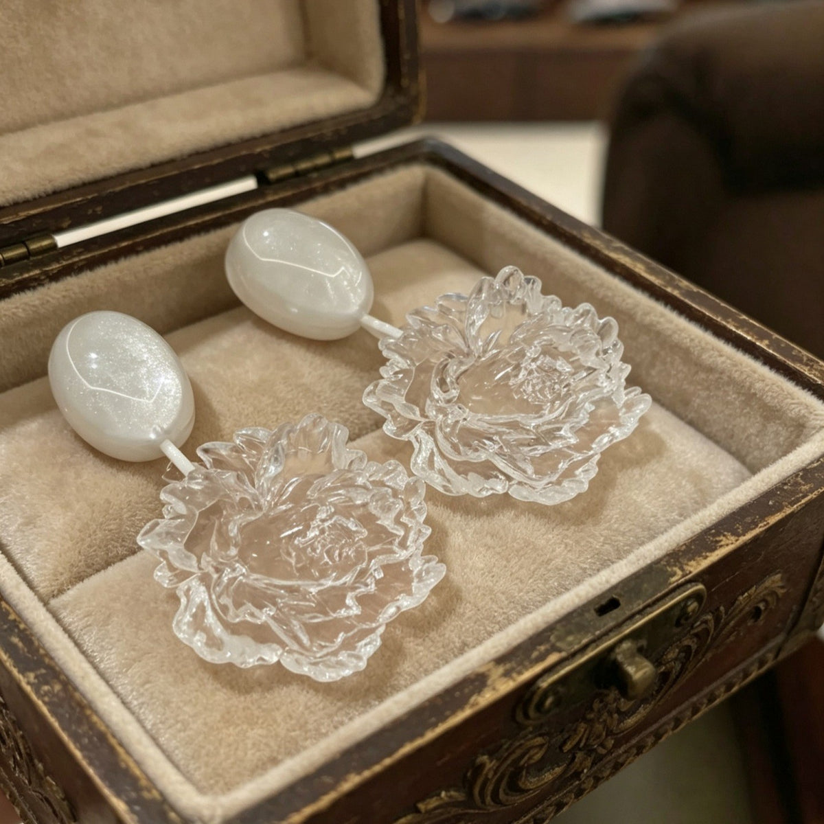 Romantic Clear Acrylic Peony Drop Earrings