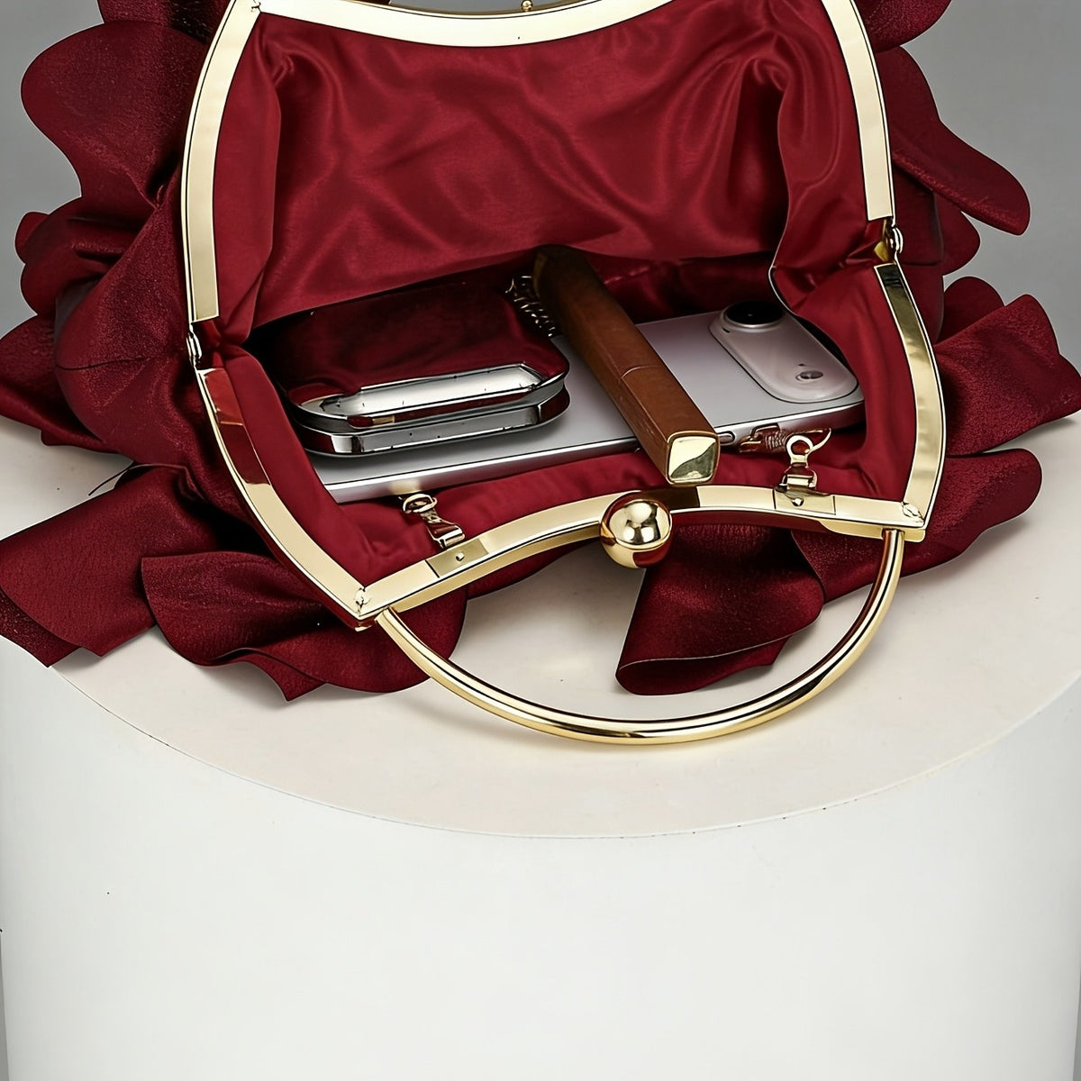 Romantic Burgundy Ruffle Flower Clutch
