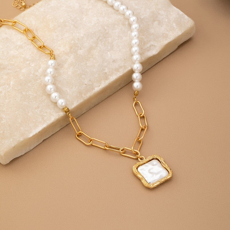 14k Elegant Pearl Paperclip Square Necklace