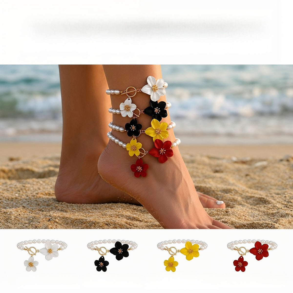 Boho Layered Pearl Flower Anklet
