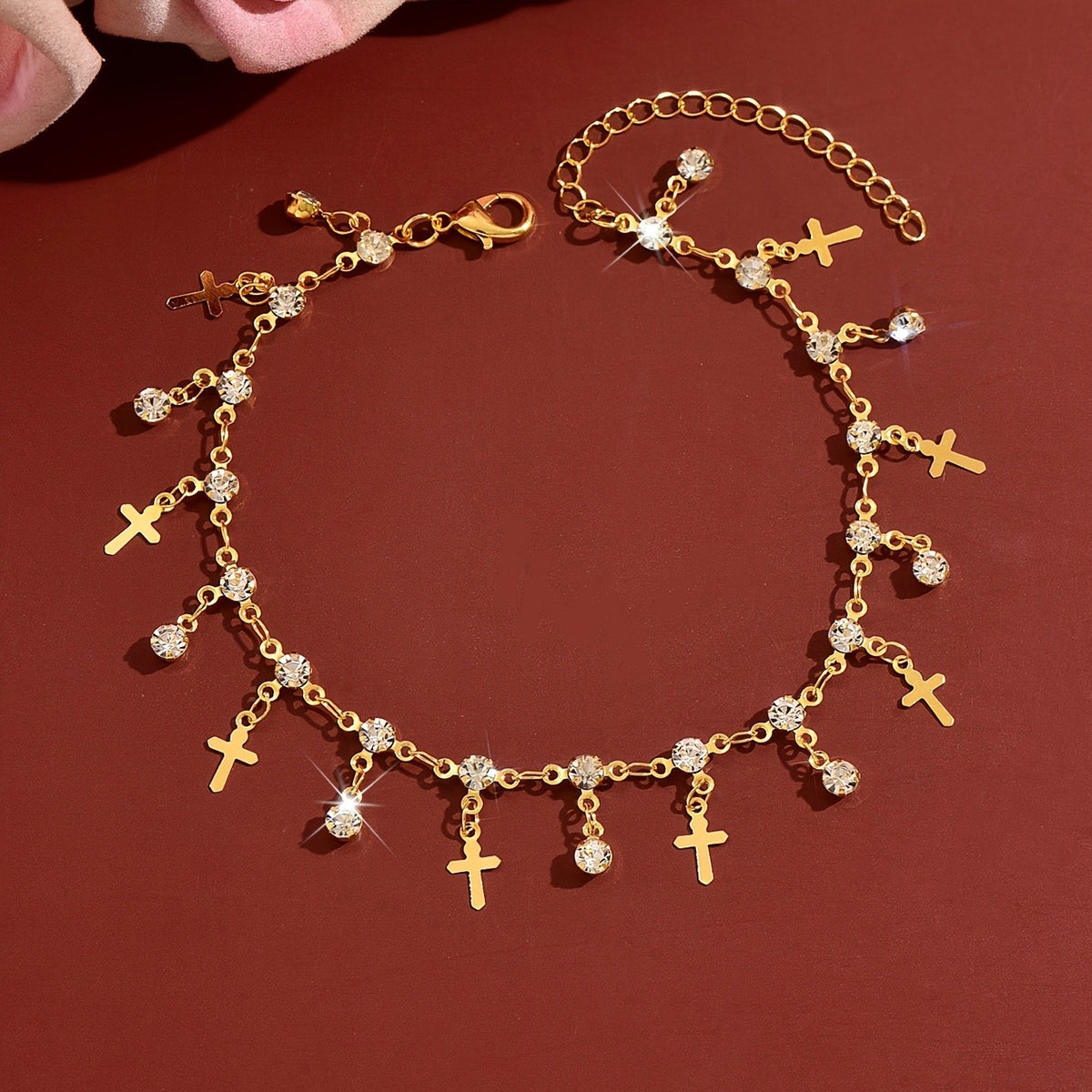 Dainty Rhinestone Cross Anklet