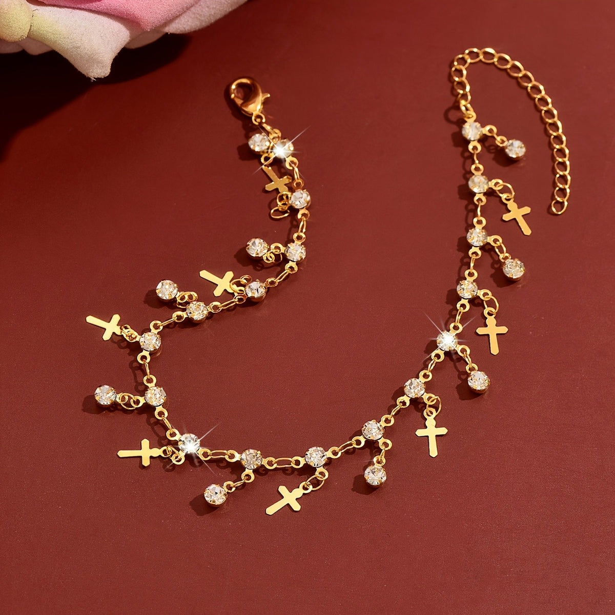 Dainty Rhinestone Cross Anklet