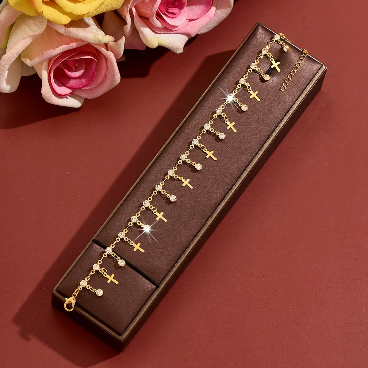 Dainty Rhinestone Cross Anklet