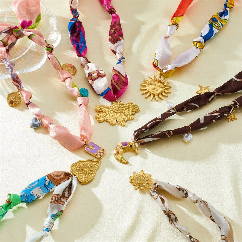 18k Boho Printed Scarf Flower Necklace