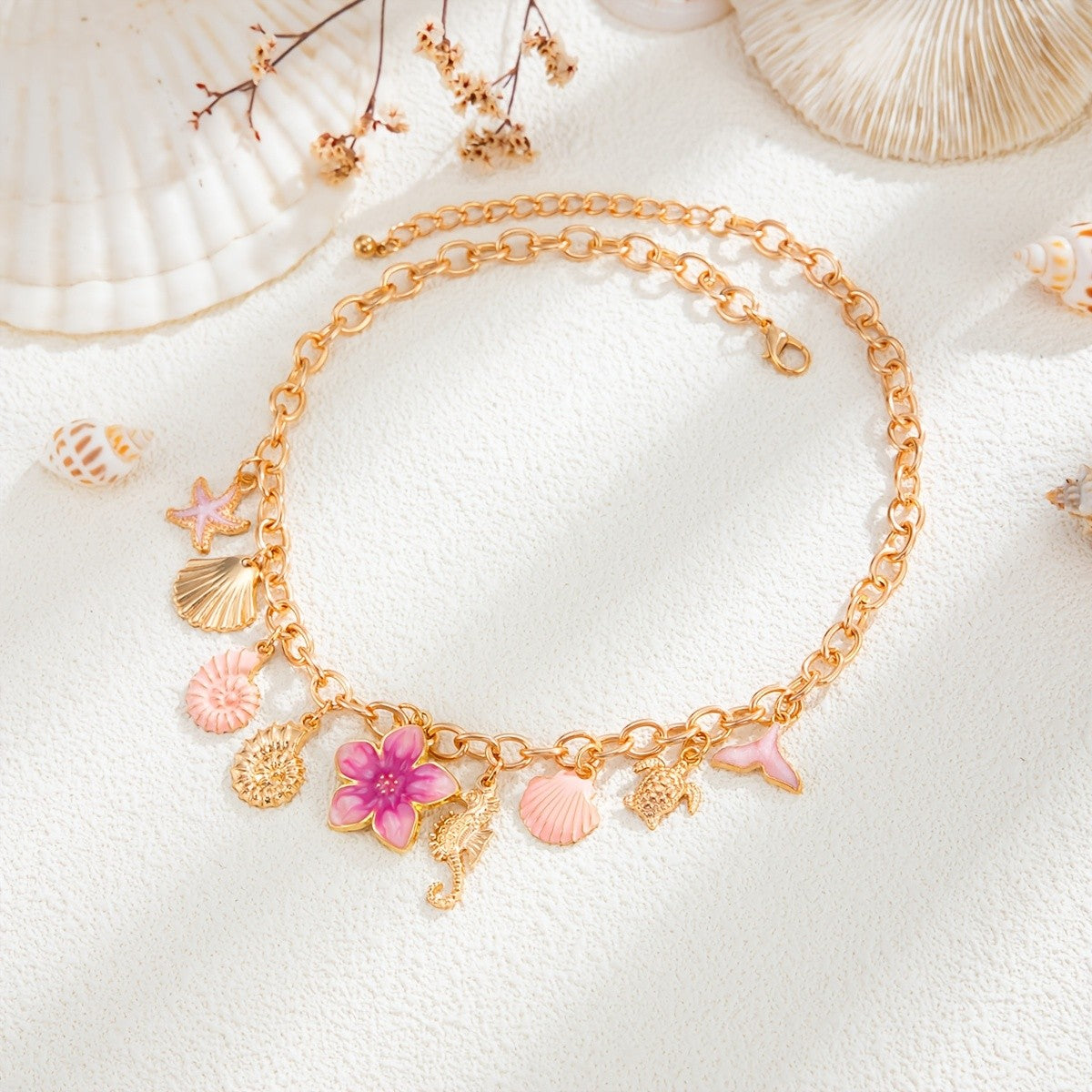 Boho Pink Flower & Shell Charm Necklace