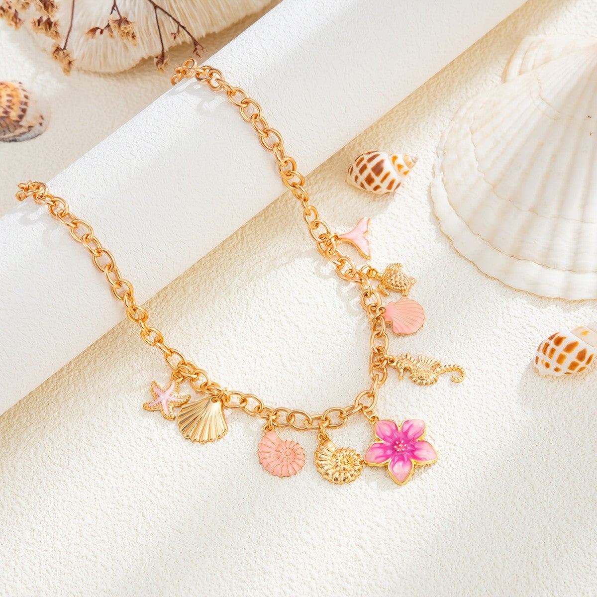 Boho Pink Flower & Shell Charm Necklace