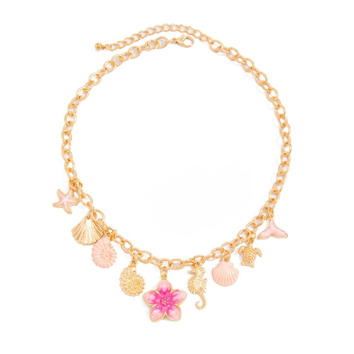 Boho Pink Flower & Shell Charm Necklace