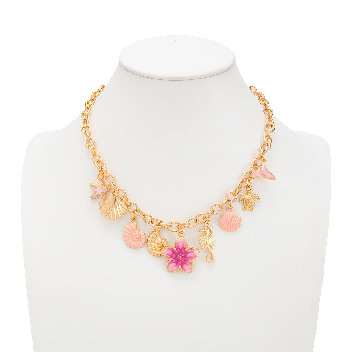 Boho Pink Flower & Shell Charm Necklace