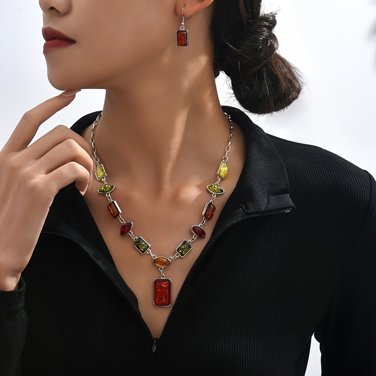 Boho Vintage Amber Geometric Necklace & Earring Set