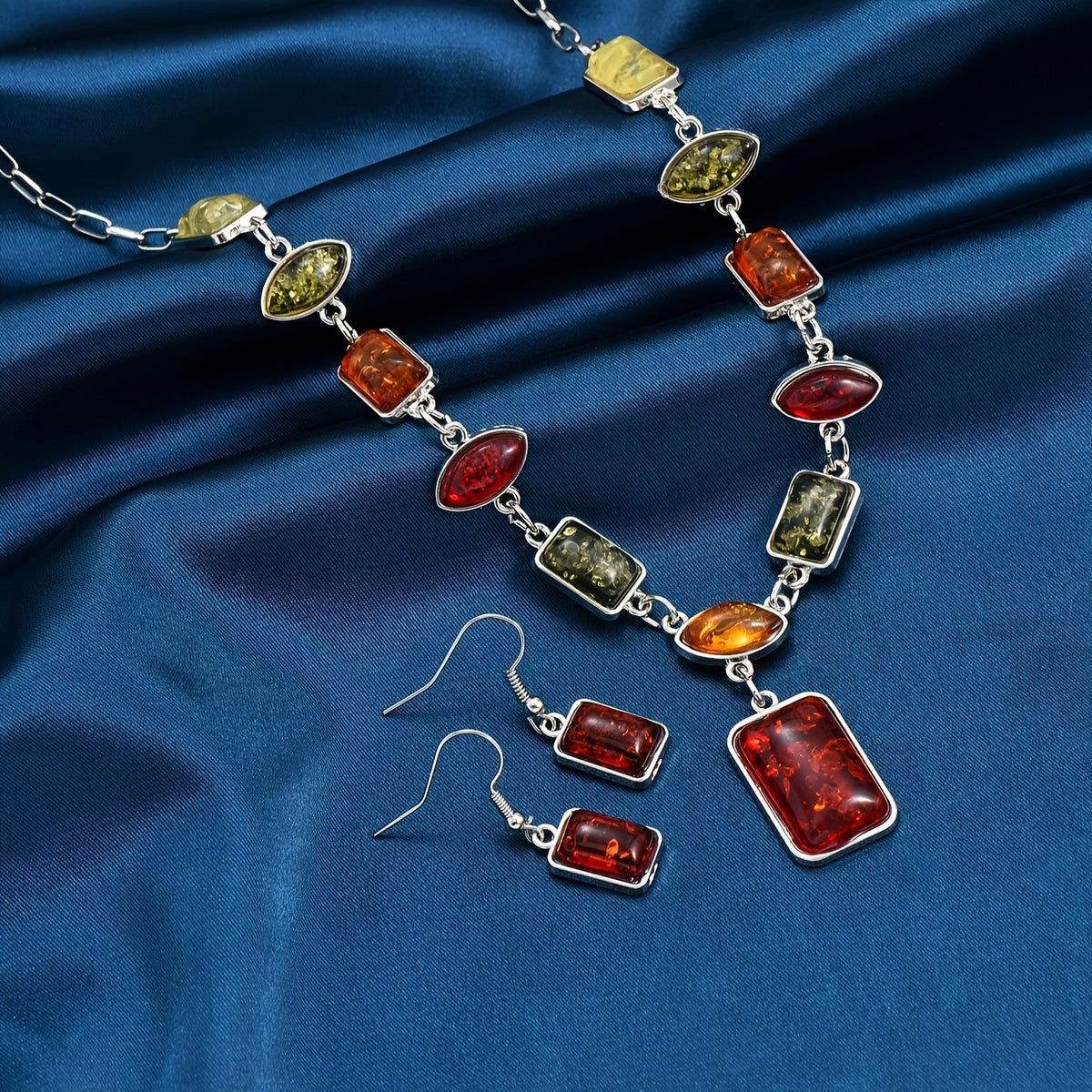 Boho Vintage Amber Geometric Necklace & Earring Set
