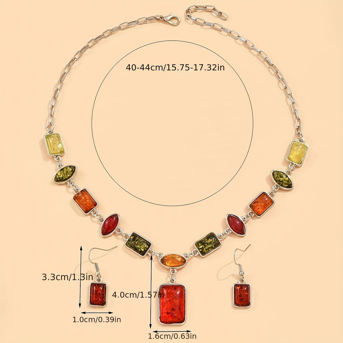 Boho Vintage Amber Geometric Necklace & Earring Set