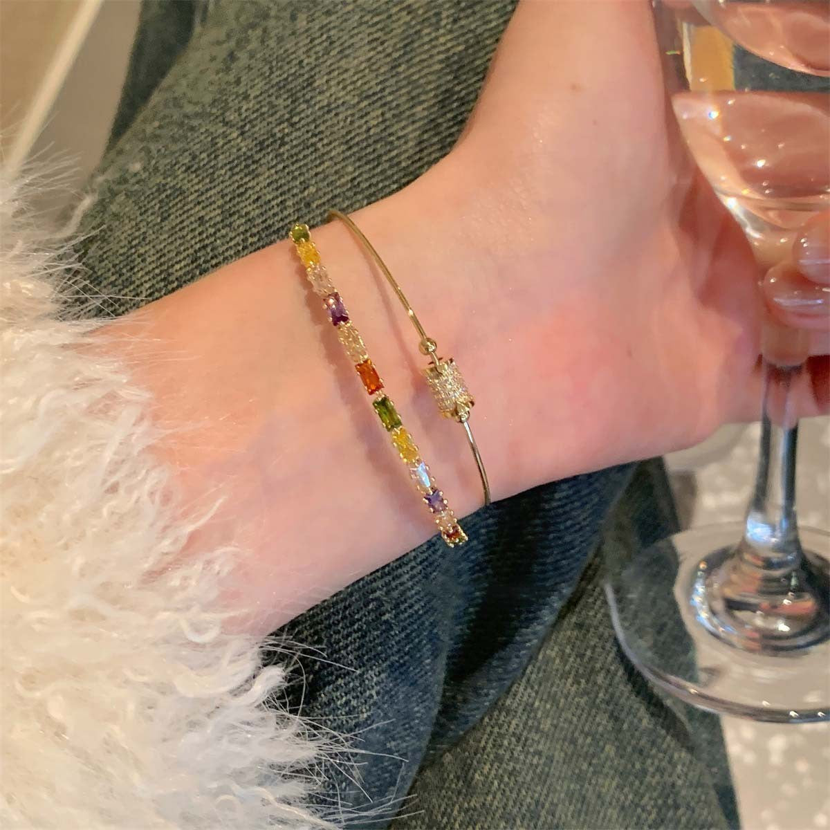 18k Elegant Rectangular Zircon Open Cuff Bracelet