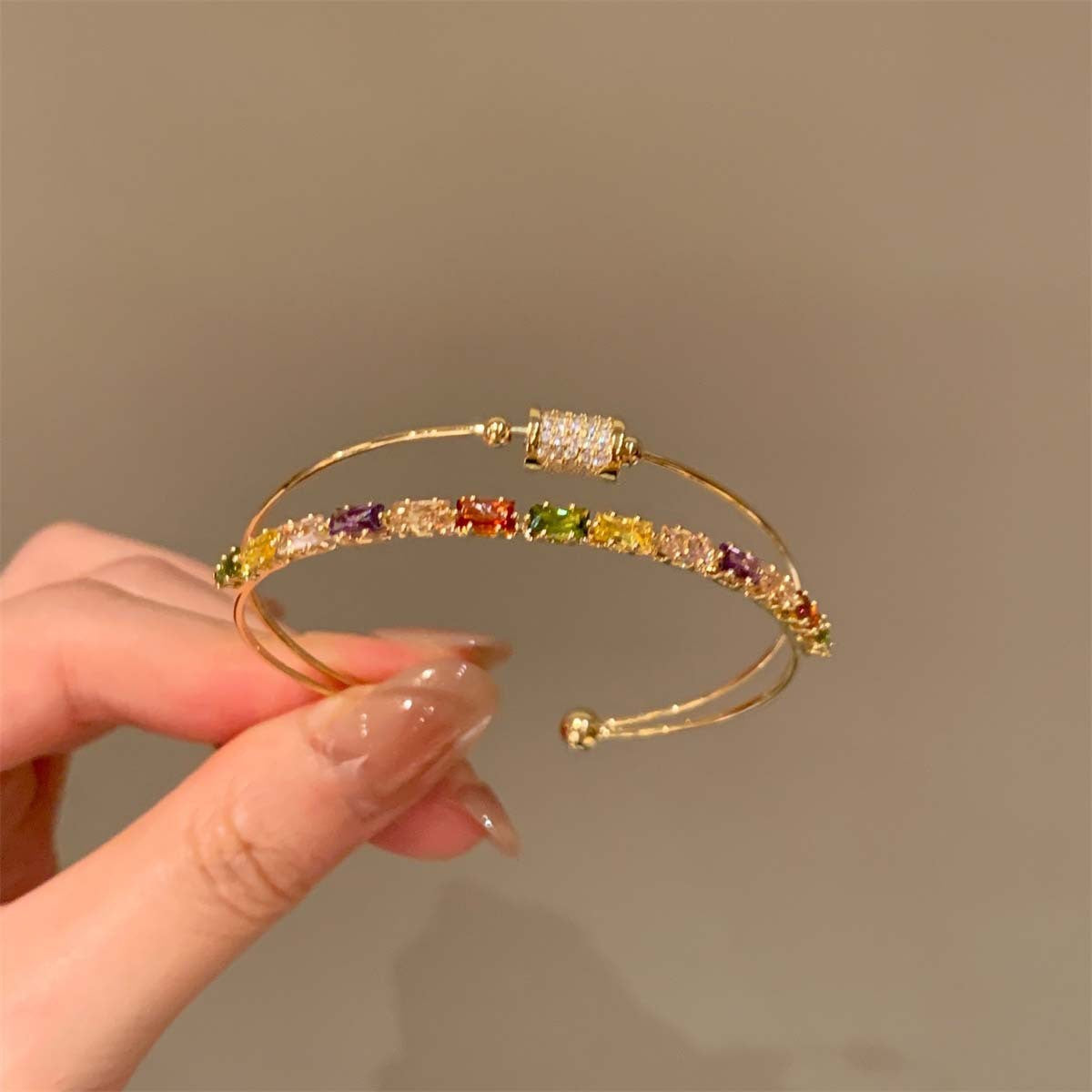 18k Elegant Rectangular Zircon Open Cuff Bracelet