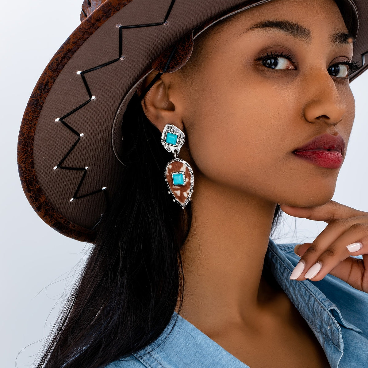 Boho Leopard Print Turquoise Drop Earrings