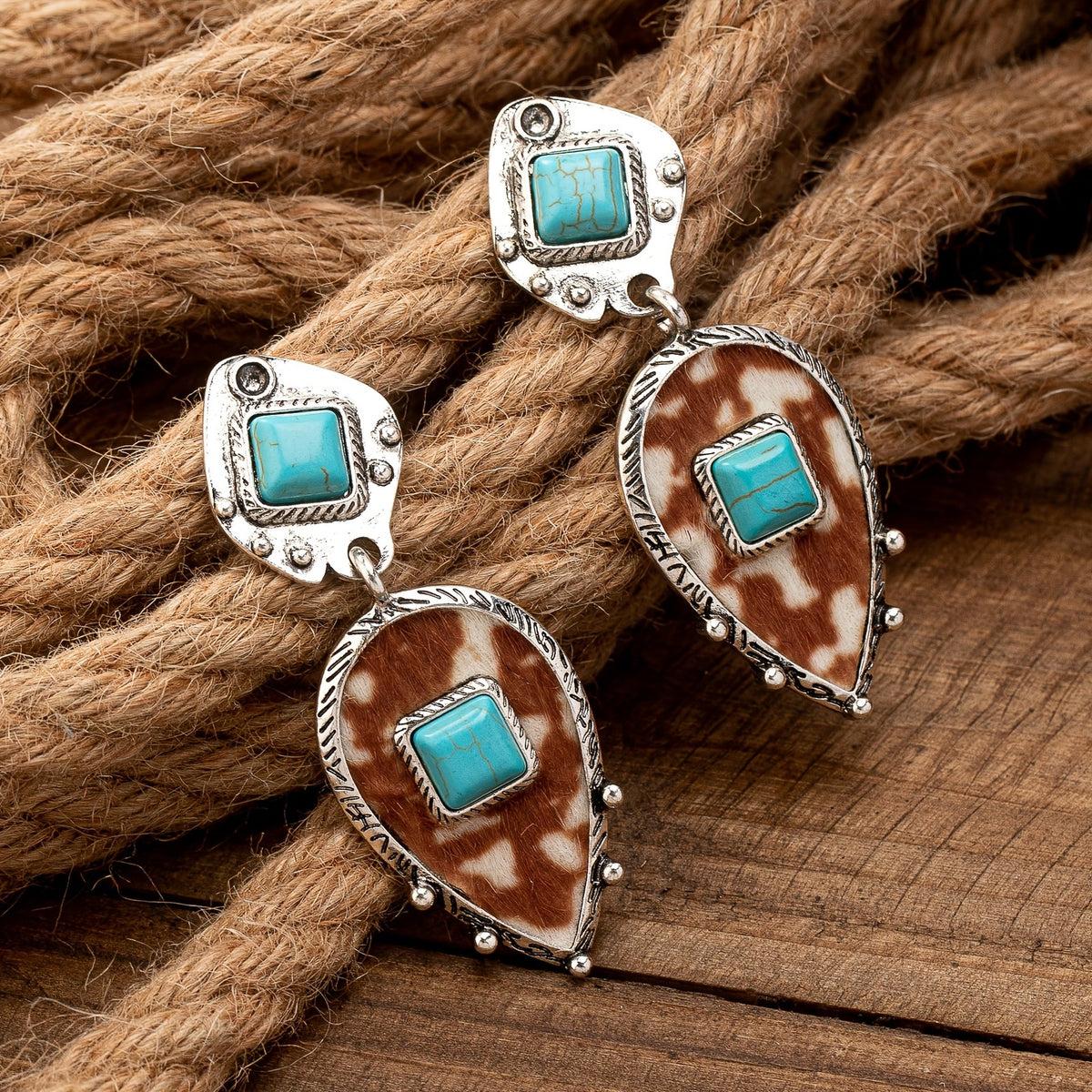 Boho Leopard Print Turquoise Drop Earrings