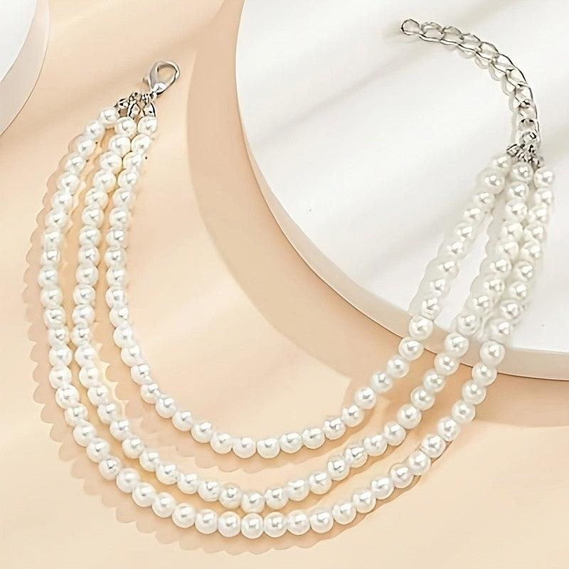 Elegant Triple Strand Faux Pearl Anklet