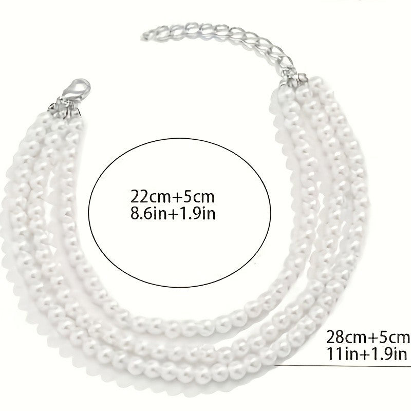 Elegant Triple Strand Faux Pearl Anklet