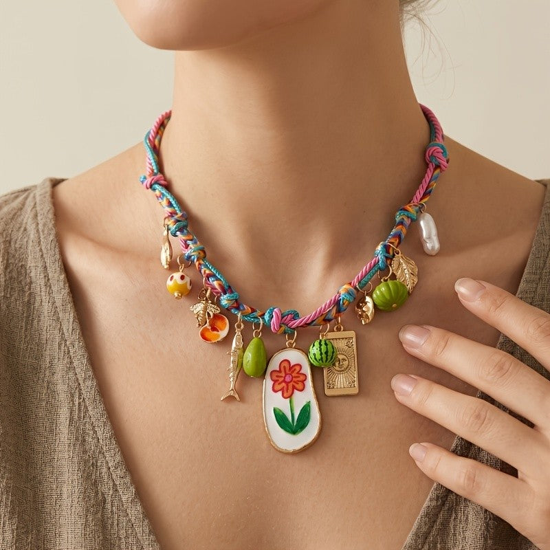 Boho Woven Fruit Flower Charm Necklace