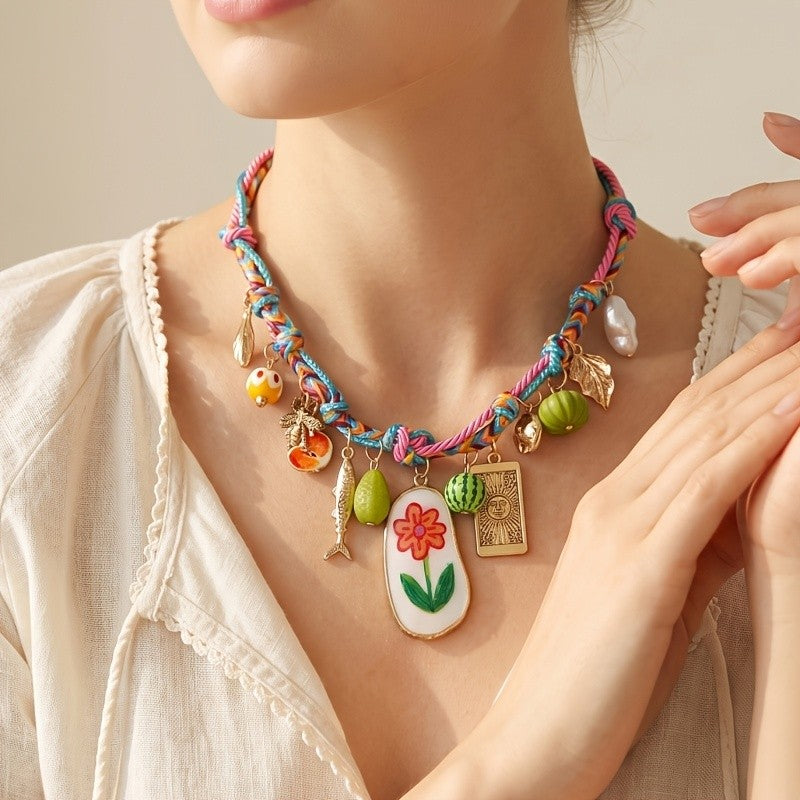 Boho Woven Fruit Flower Charm Necklace