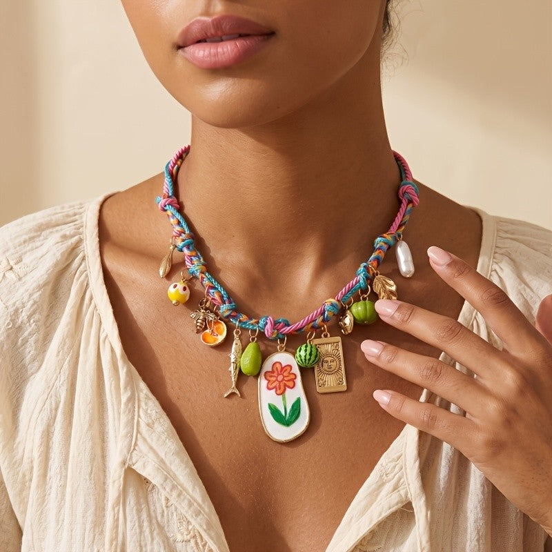 Boho Woven Fruit Flower Charm Necklace