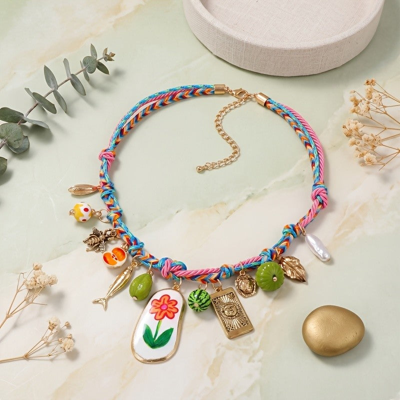 Boho Woven Fruit Flower Charm Necklace