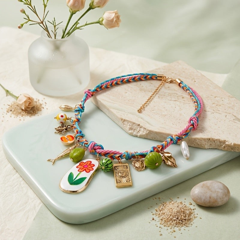 Boho Woven Fruit Flower Charm Necklace